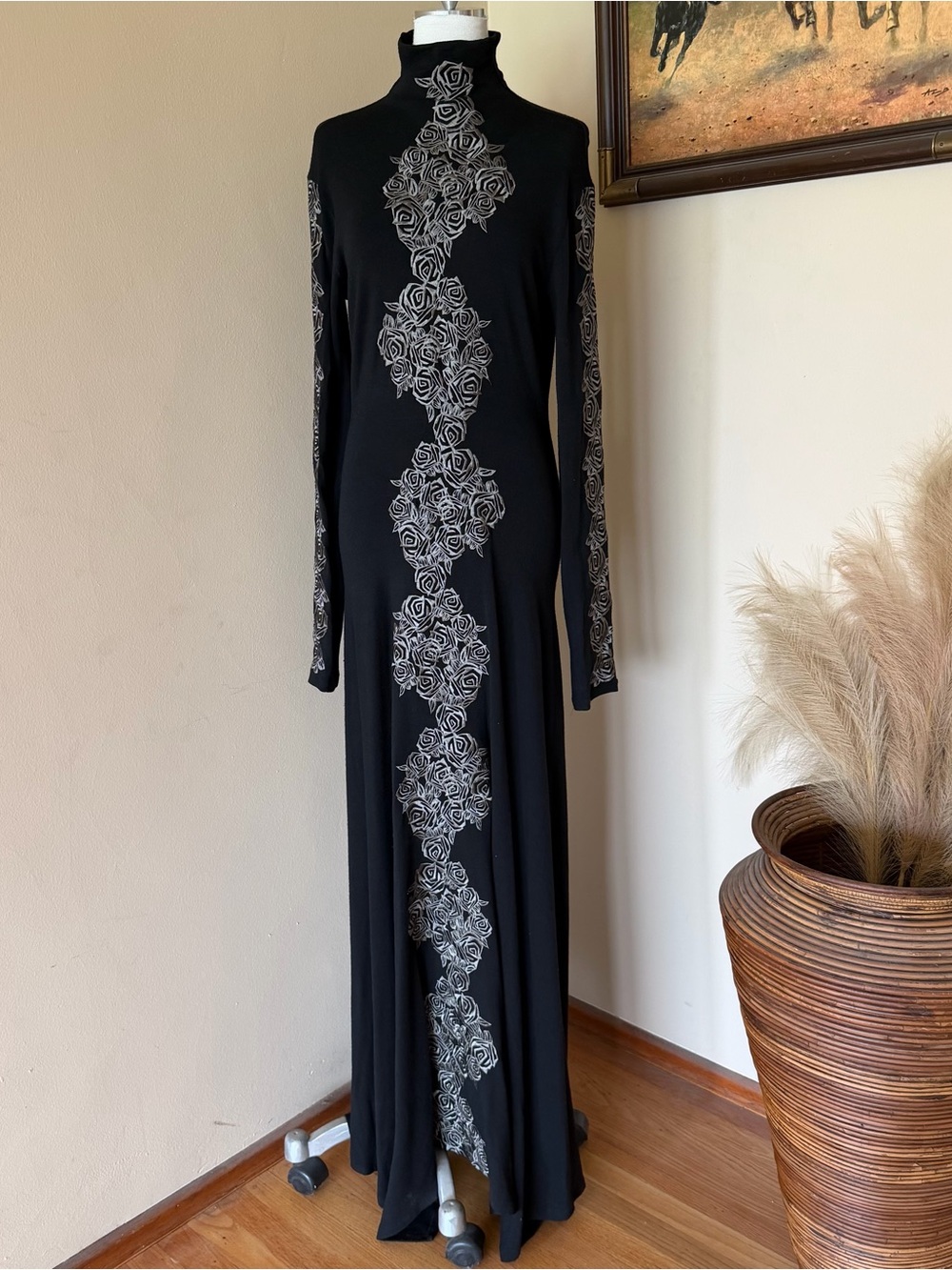 Isabel de Pedro Black Turtleneck Maxi Dress with Silver Rose Motif